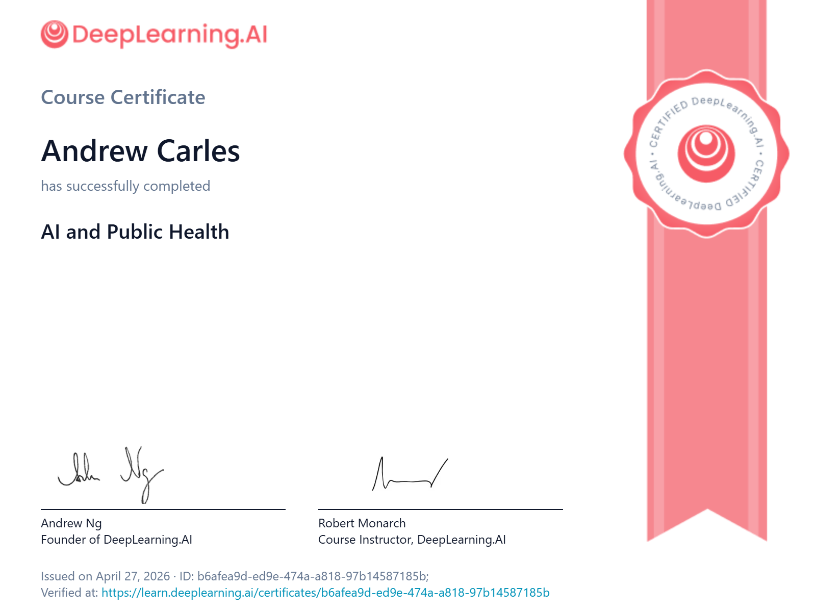 DeepLearning.AI course certificate: AI and Public Health.